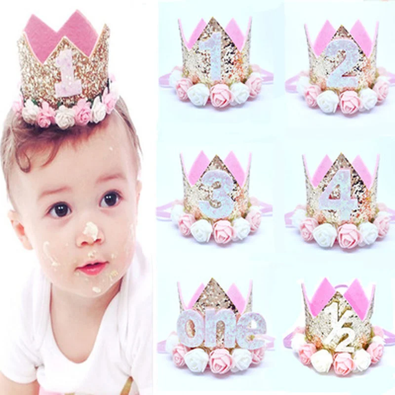 

Happy First Decor Cap One Birthday Hat Princess Crown 1st 2nd 3rd 4th Half Year Old Number Baby headdress