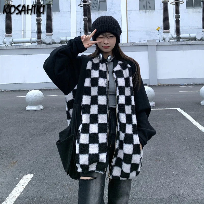 

Пушистая Шахматная куртка koshiki в стиле Харадзюку, женские осенне-зимние свободные уличные пальто, женская куртка оверсайз, 2021