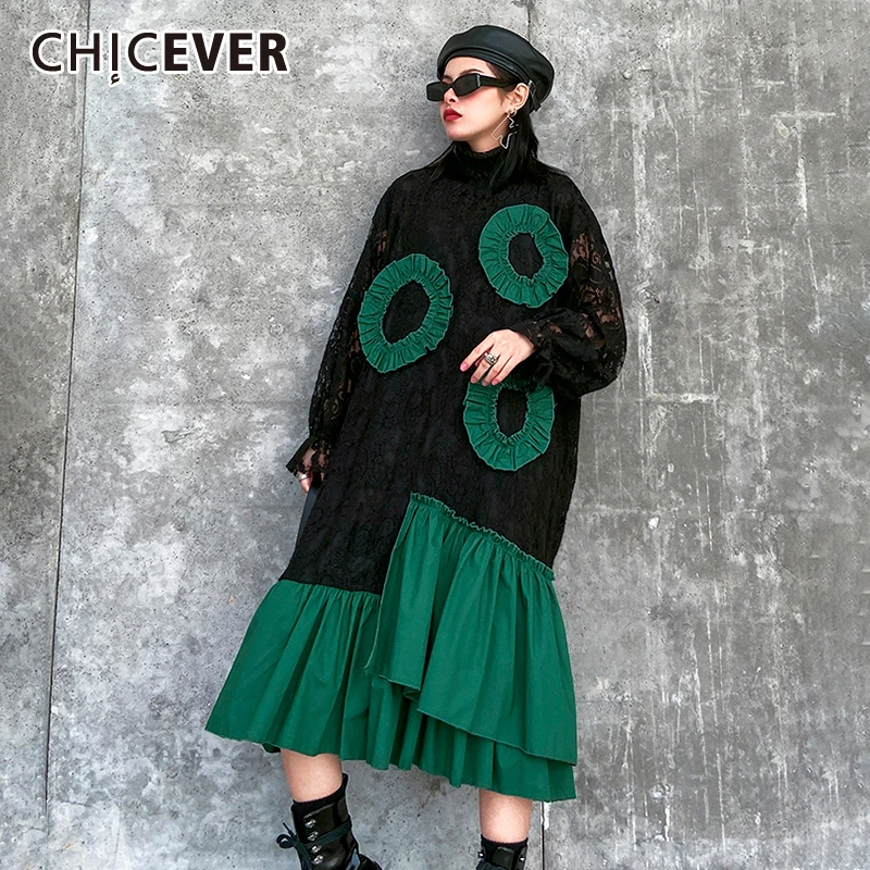 CHICEVER корейский стиль лоскутные женские платья с рюшами стоячий воротник рукав