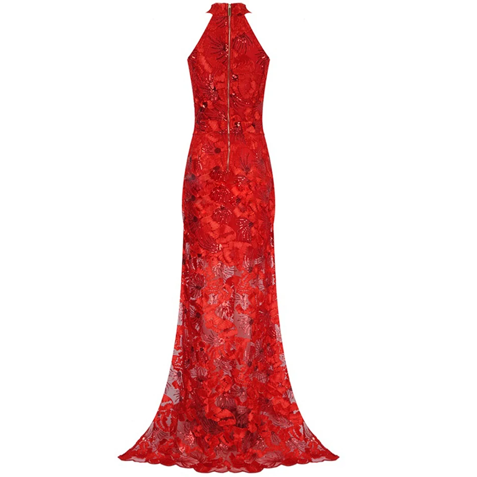 

Ailigou New Summer Chic Elegant Flowers Sexy Red Lace Sequin Design Round Neck Sleeveless Long Split Fork Celebrity Party Dress