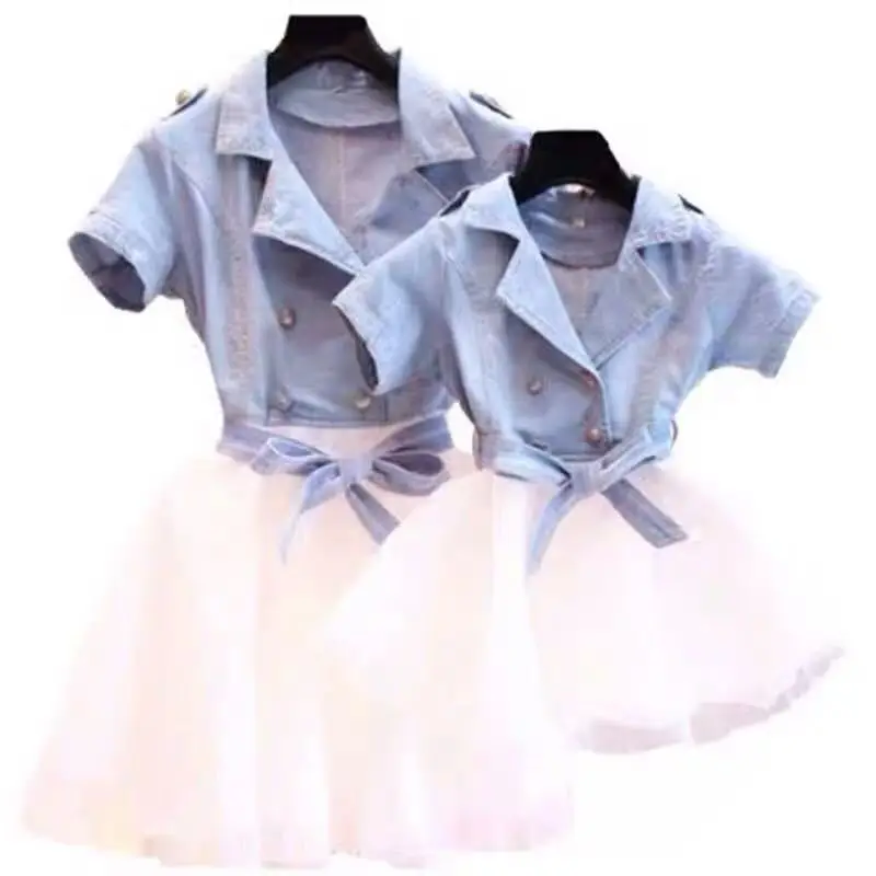 

2021 Summer Parent-Child Girls Short-Sleeved Denim Mesh Dress