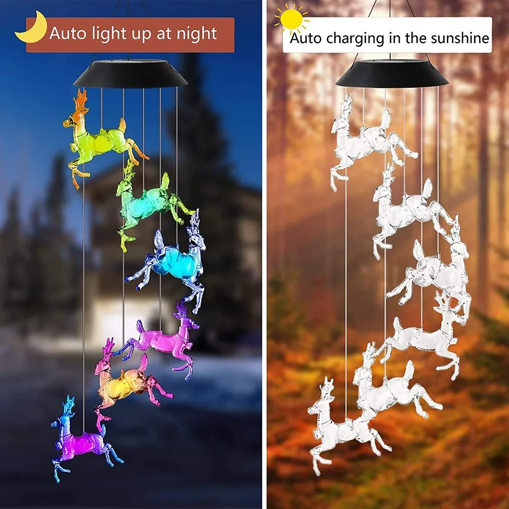 

1Pc Outdoor Solar Christmas Deer Wind Chime Lights Colorful Color Changing Holiday Elk Garden Courtyard Villa Decorative Lights