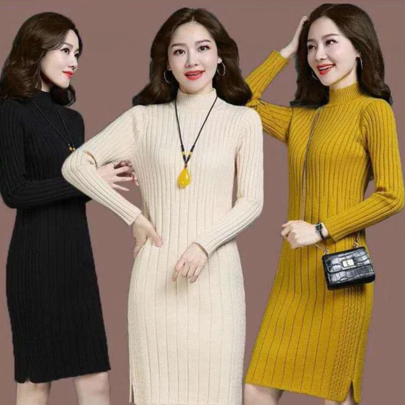 

Autumn Winter Sweater Dress Women Turtleneck Long Sleeve Thick Knit Mini Dress Female Short Bodycon Dress
