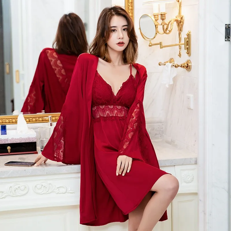 Комплект свадебного халата для невесты бордового цвета домашняя одежда платье