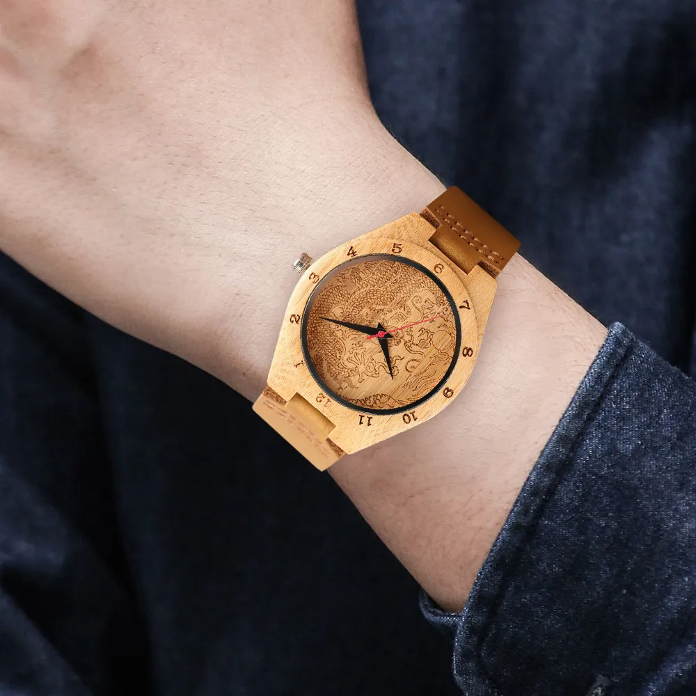 

Punk Cool Engraved Dragon Dial Bamboo Watch Men Quartz Wristwatch Casual Male Wood Timepiece Brown Genuine Watchband reloj