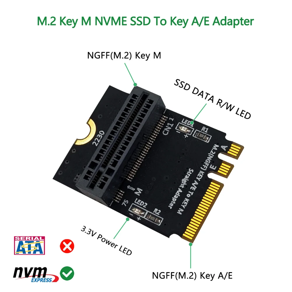 M.2 NGFF NVMe ключ A/E к ключу M SSD адаптер пластина конвертер светодиодный светодиодным