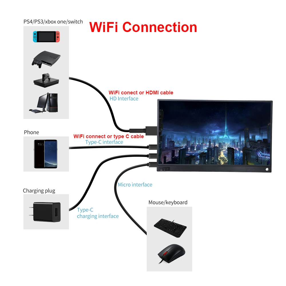 15 6-дюймовый Wi-Fi портативный монитор с аккумулятором 1080P IPS HD беспроводной дисплей