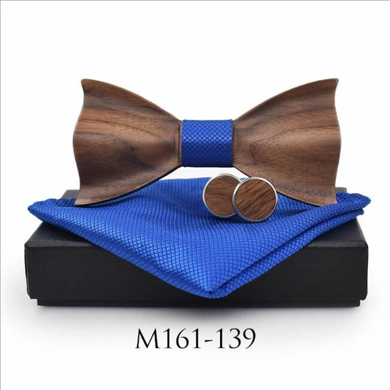 

JIN&JU 2019 The Newest 3D Wooden Bow Tie Handkerchief Round Cufflinks set Fashion Wood Bow Tie Wedding gift Handmade Bow Ties