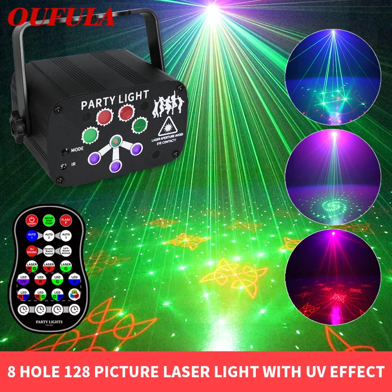 

OUFULA 8 Hole 128 Figure Laser Light Stage Lamp Projection Flashlight USB Plug with Remote Control for Bar KTV