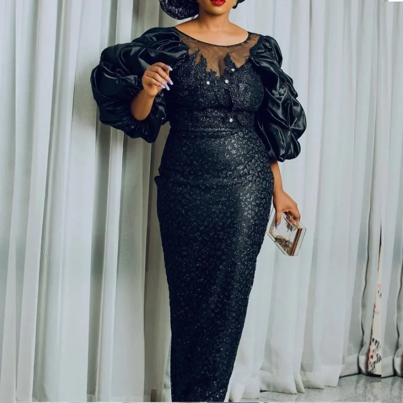 

Black lace long-sleeved beaded mermaid prom dress banquet party evening dress Aso Ebi plus size customization