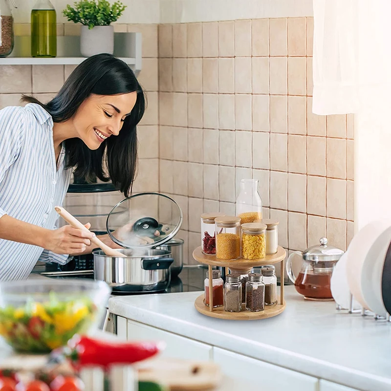 

2 Tier Turntable Cabinet Organizer Spice Rack Removable Spinning Tray Organizer for Kitchen Cabinet 360 Degree