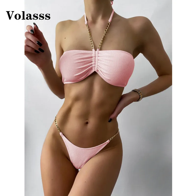 

Новый однотонный купальник на шнуровке, женский сексуальный купальник из двух частей, комплект бикини с лямкой на шее, купальник с цепочкой,...