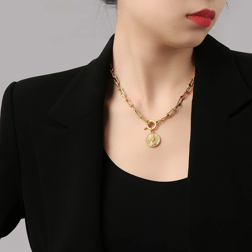 

FANSHIDI 19mm Avatar Coin Pendant Necklace For Women Chunky Chain Stainless Steel Necklace Femme Fashion Jewelry