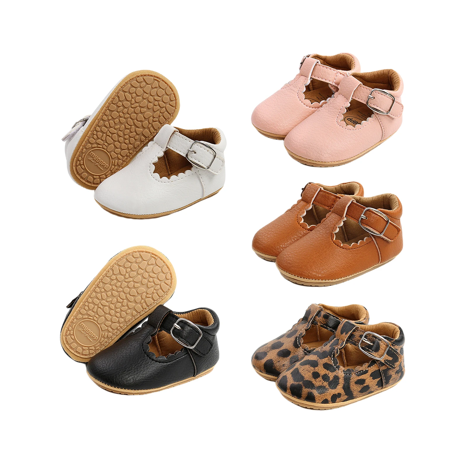 

0-18M Infants Girl PU Buckle Strap Shoes Baies Anti-Slip Solid/Leopard Casual Shoes Hollow-out Ruffle Hem Sneaker Birthday Gift