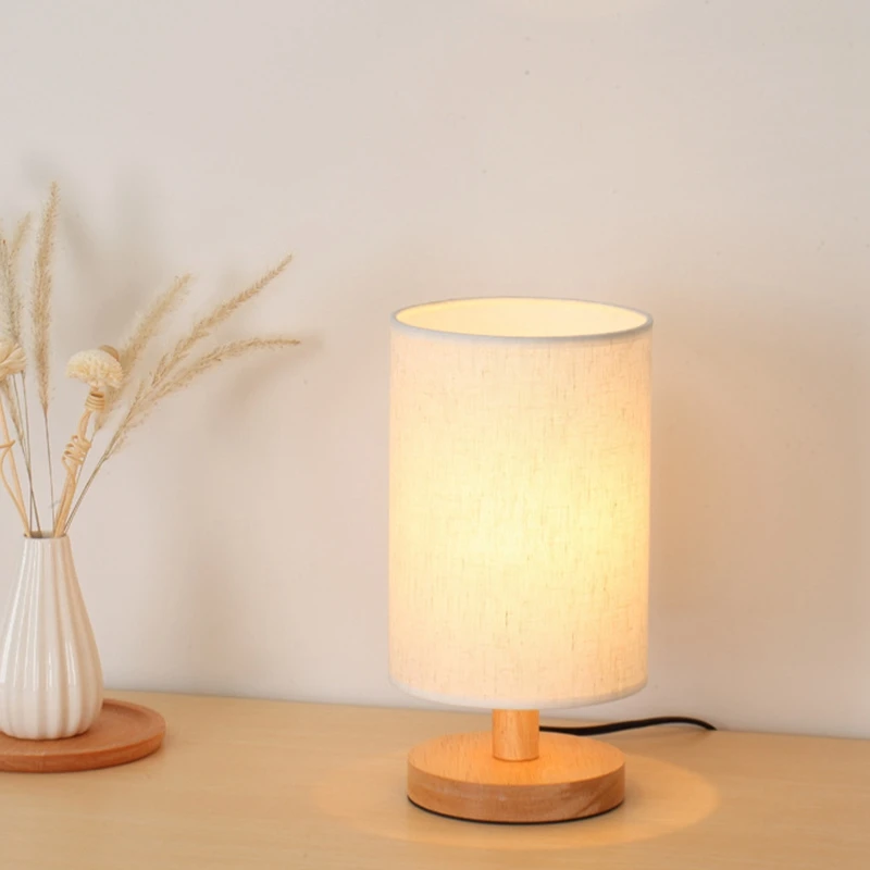 

Round Bedside Table Lamp Nightstand Lamp with Fabric Shade and Solid Wood for Bedroom, Living Room Modern Office