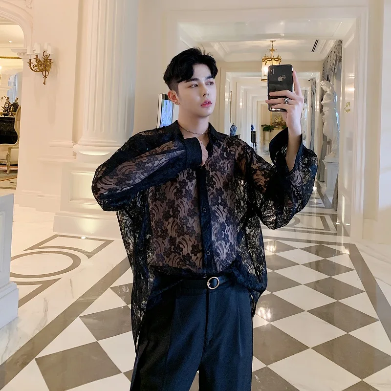 Мужская свободная повседневная рубашка из прозрачной органзы с вышивкой и