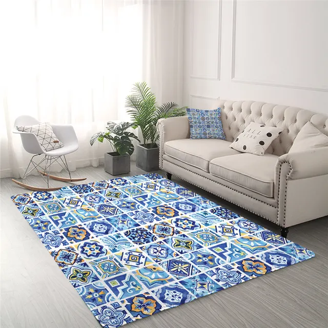 BlessLiving Watercolor Carpets for Living Room Mediterranean Ceramics Large Mat Geometric Squares Area Rug Mandala Floral Tapis 2