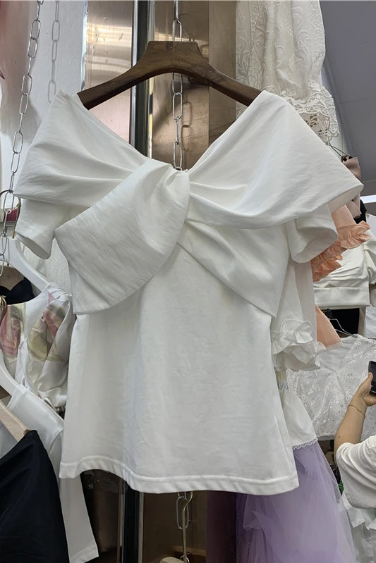 

2021 Summer New Bowknot Twist Sweet Fashion Top Elegant Fashion Slimming Short-Sleeved T-shirt Women's Solid Color Tee