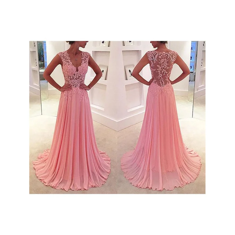 

Sweet Pink Evening Dress V-Neck Appliques Sleeveless Evening Party Gowns Chiffion Lace A-Line Long Formal Dresses Robe De Soiree