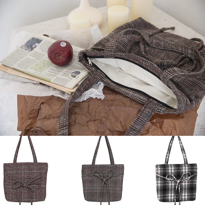 

Women Cotton Cloth Plaid Hand Bag 2021 New Bowknot Shoulder Bags Ladies Daily Shopping Bag Large Capacity Students Books Bag