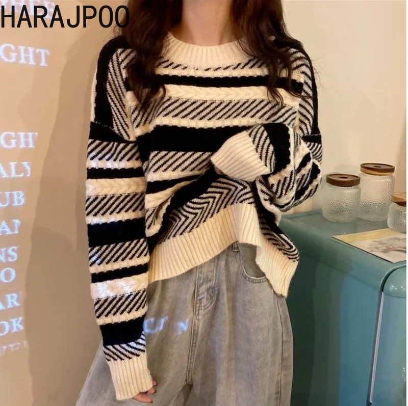 

Harajpoo Sweaters Female 2021 Autumn Winter New Vintage Lazy Oaf Hedging Striped Pullover Knit Loose O Neck Clothes Argyle