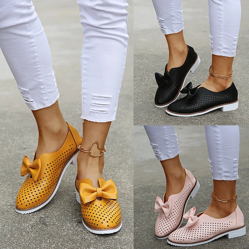 

Hollow Bowknot Solid Color Slip-on Women's Pumps Loafers Fall 2021 New Casual Breathable Light British Style Fashion Women Shoes