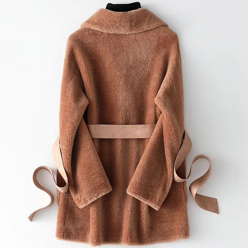 Sheath Beige Slim Medium Length Women Wool Coat with Belt Autumn Winter Temperament Khaki Natural Fur Coat Blue Real Fur Outwear