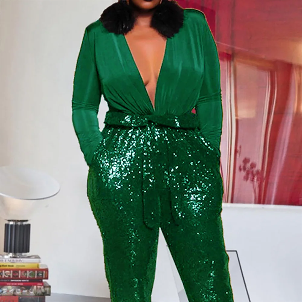 

Deep V Neck Sexy Sequins Jumpsuit Women Office Ladies Spring 2020 Party Jumpsuits Patchwork Pencil Pants Rompers Plus Size 5XL
