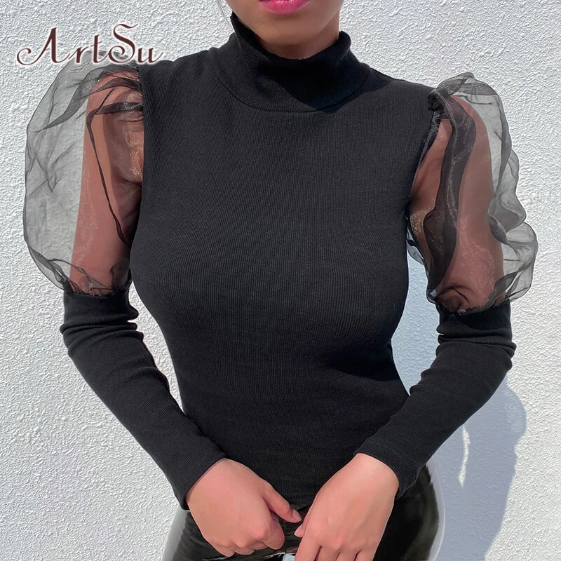 Женская футболка с длинным рукавом ArtSu черная трикотажная и круглым вырезом