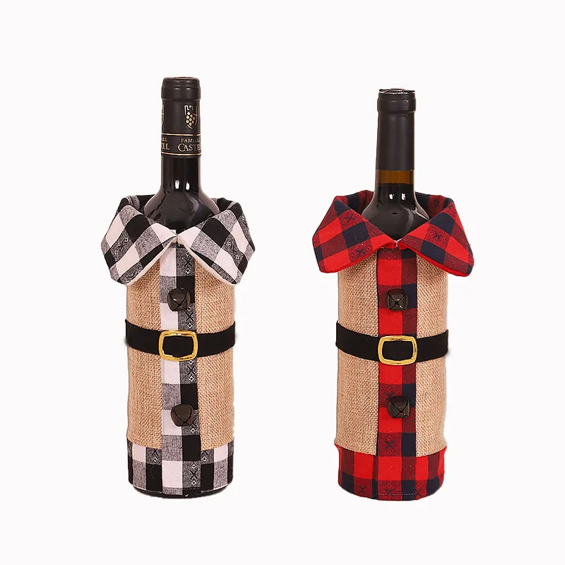 High Quality Nordic Style Linen Plaid Clothes Decorative Christmas Wine Bottle Cover | Дом и сад