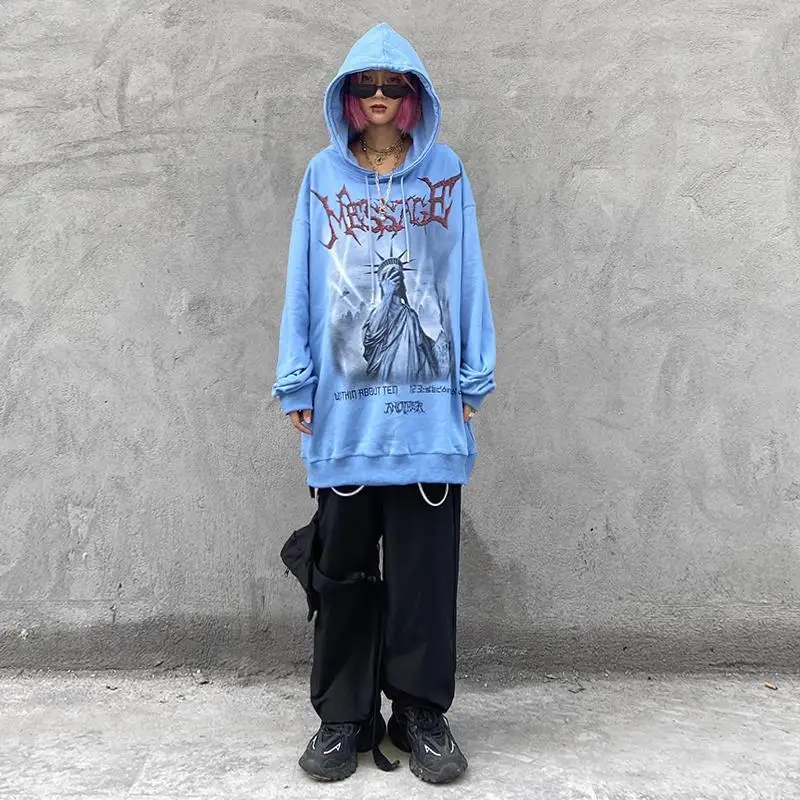 

Hip Hop Street Print Dark Pullover Sweatshirt Medium Length Lovers Hoodie Thin Retro High Gothic Style Long Sleeve Sweater HD027