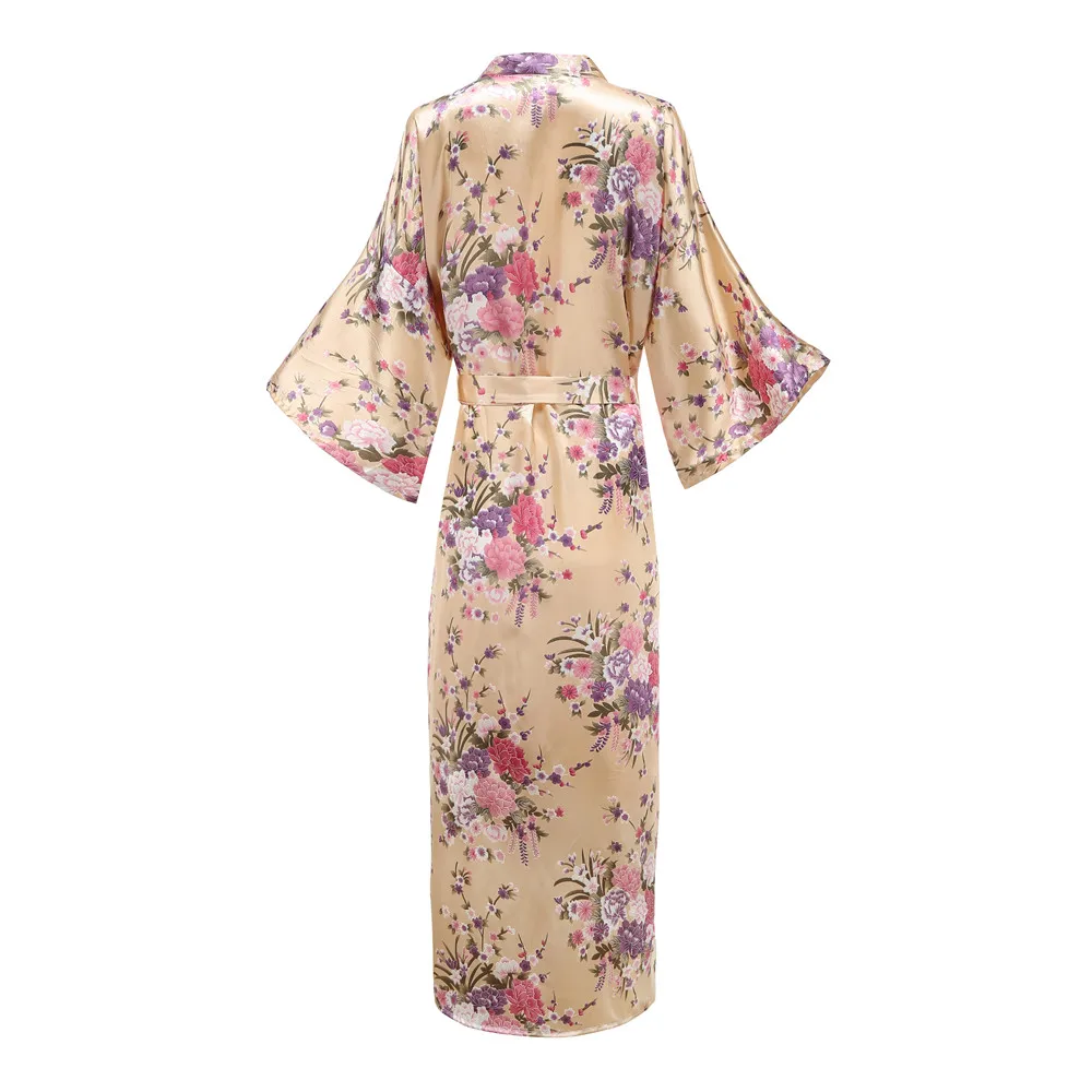 Gold Print Flower Novelty Women Kimono Bathrobe Gown Ultra Long Oversize 3XL Robe Intimate Lingerie Sexy Loose Softy Home Wear | Женская