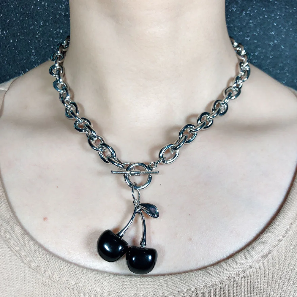 

Dark Red Cherry Harajuku Egirl Necklace 2020 Geometric Pendant Ot Buckle Punk Gothic Silver Color Choker Necklaces Punk Jewelry
