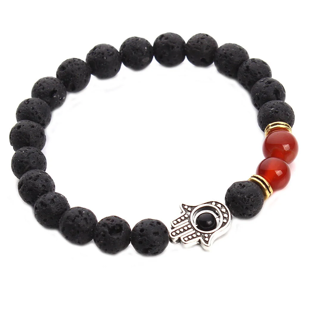 

Браслет с подвесками Хамса Lucky, Турецкая Фатима, натуральный черный лавовый камень, браслеты из бисера ручной работы молитва йоги, оптовая п...