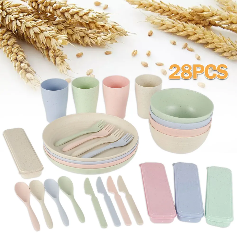 

28Pcs Wheat Straw Dinnerware Set Unbreakable Reusable Kitchen Tableware with Plates Bowls Cups Knives Forks Spoons Cutlery Box
