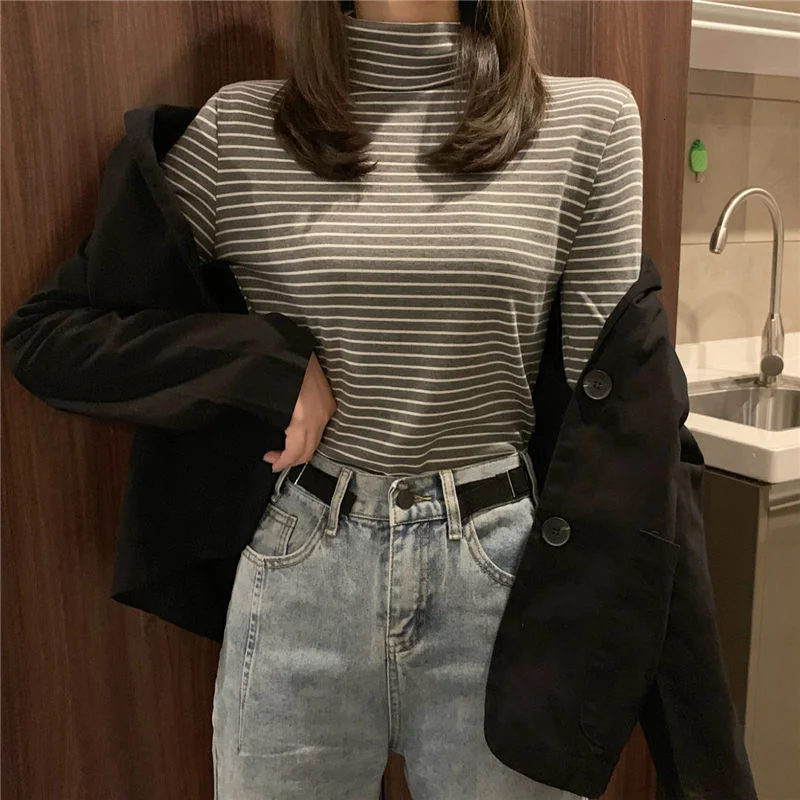 

Корейская облегающая Универсальная футболка в полоску с высоким воротником и длинным рукавом, топ, Женская Студенческая рубашка