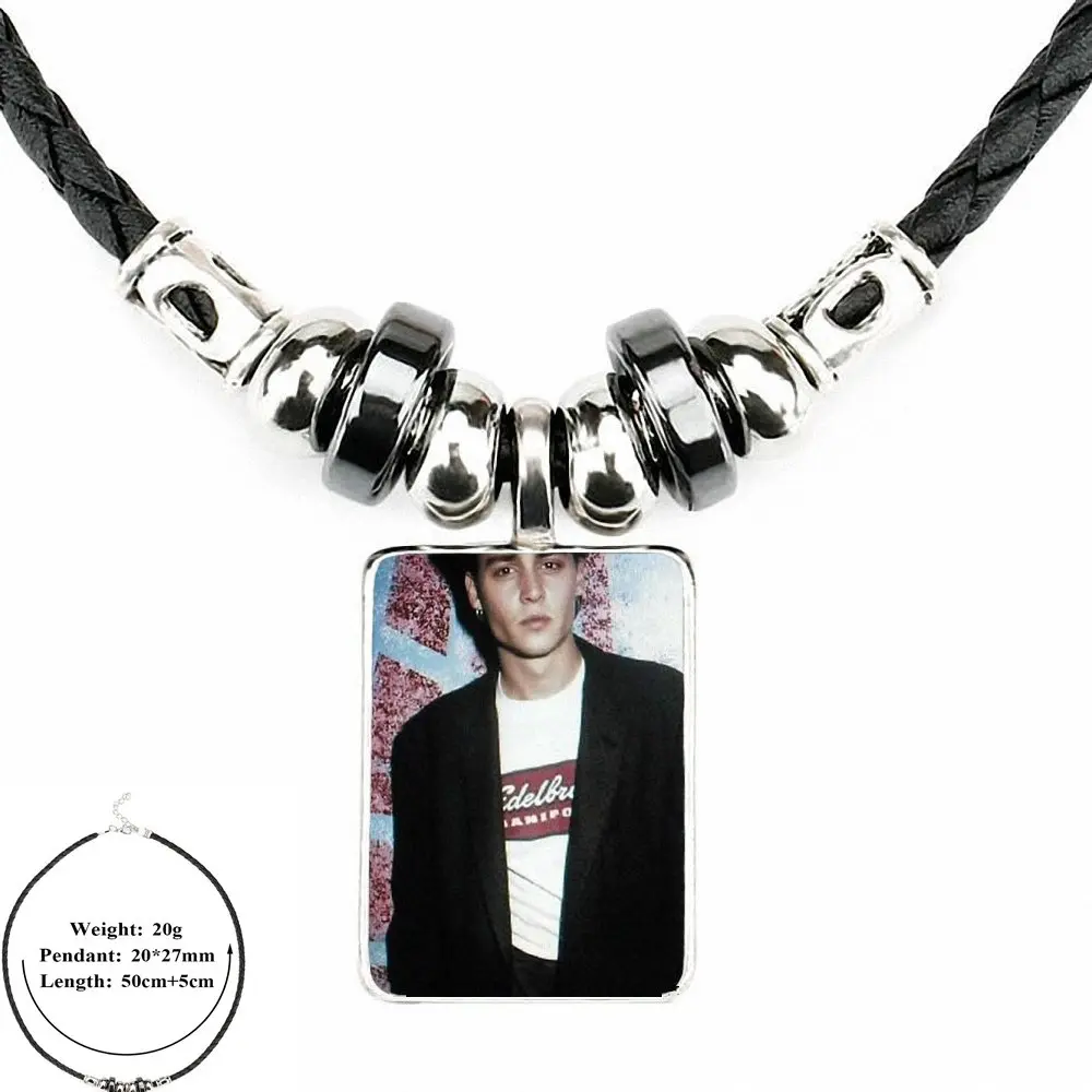 EJ Glaze For Women Kids Gift Jewelry Black Leather Bead Pendant Glass Cabochon Choker Necklace Actor Johnny Depp | Украшения и