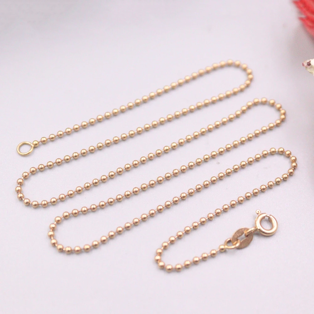 

Free Shipping Real 18K Rose Gold Necklace Women Luck Smooth Beads Chain Necklace 15.7inch 1.4mmW 3.3-3.7g
