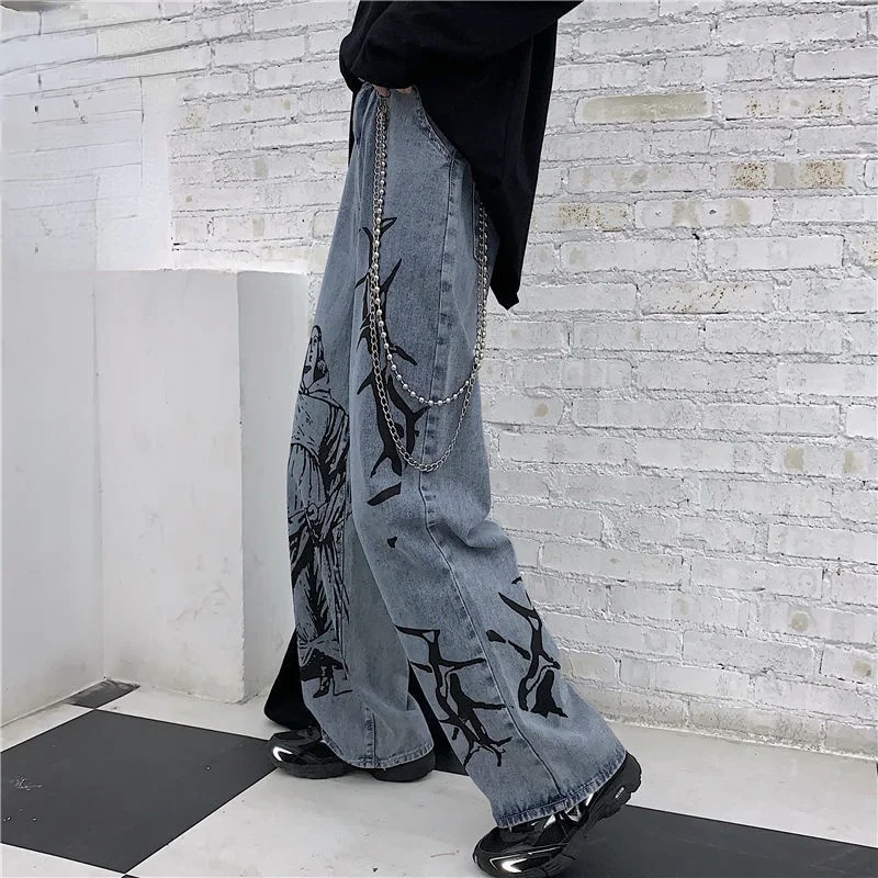 Женские джинсы в стиле хип-хоп, свободные джинсы в стиле ретро с принтом, широкие брюки Y2K, джинсы с завышенной талией для скейтборда, 2021