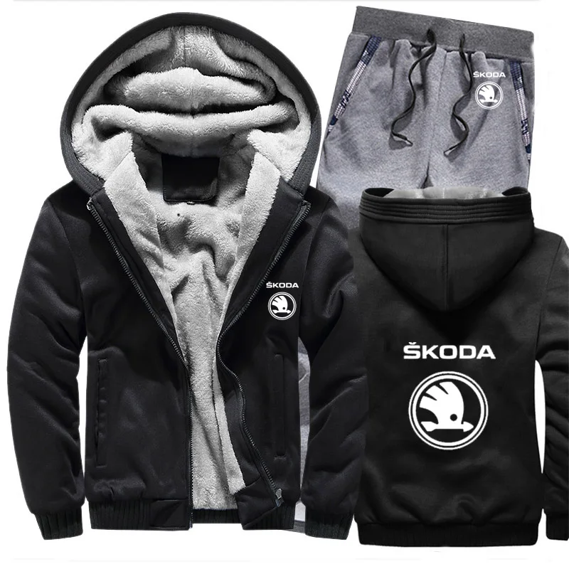 

Hoodies Men Skoda Car Logo Mens Hoodies Suit Winter Thicken Warm Fleece cotton Zipper Tracksuit Mens Jacket Pants Sets