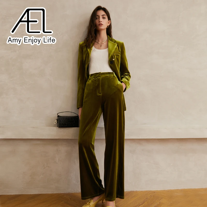 

Бархатный брючный костюм AEL, Женский утепленный Блейзер, желтовато-зеленые зимние брюки до щиколотки, широкие штаны, комплект из 2 предметов