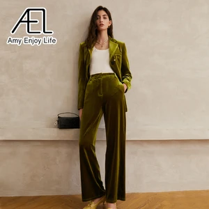 Бархатный брючный костюм AEL, Женский утепленный Блейзер, желтовато-зеленые зимние брюки до щиколотки, широкие штаны, комплект из 2 предметов
