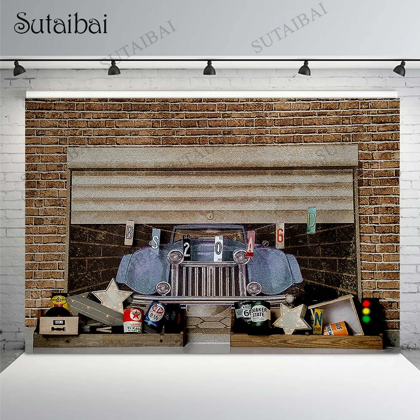 

Retro Car Garage Photography Backdrop Workshop Car Repair Decorations Brick Wall Photo Background Child Photo Studio Photocall