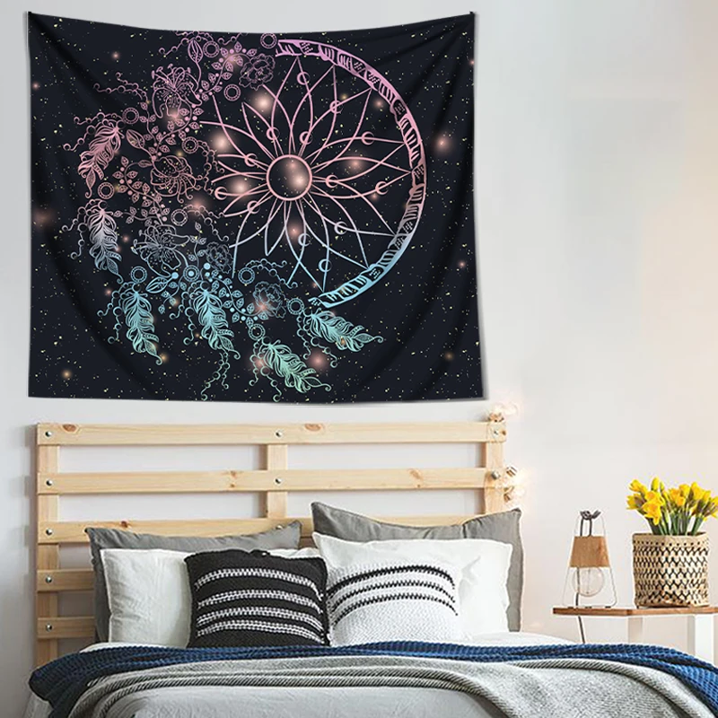 

Dream Catcher Decoration Mandala Black Tapestry Hippie Youth Room Pastel Psychedelic Machine Washable Boho Wall Fabric