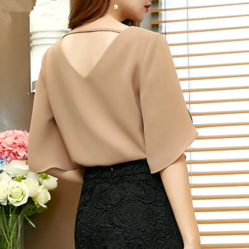 

Women Summer Blouse Shirt Top Chiffon Ruffle Half Sleeve Sleeve Split Hollow Casual Loose Elegant Blouses Blusas