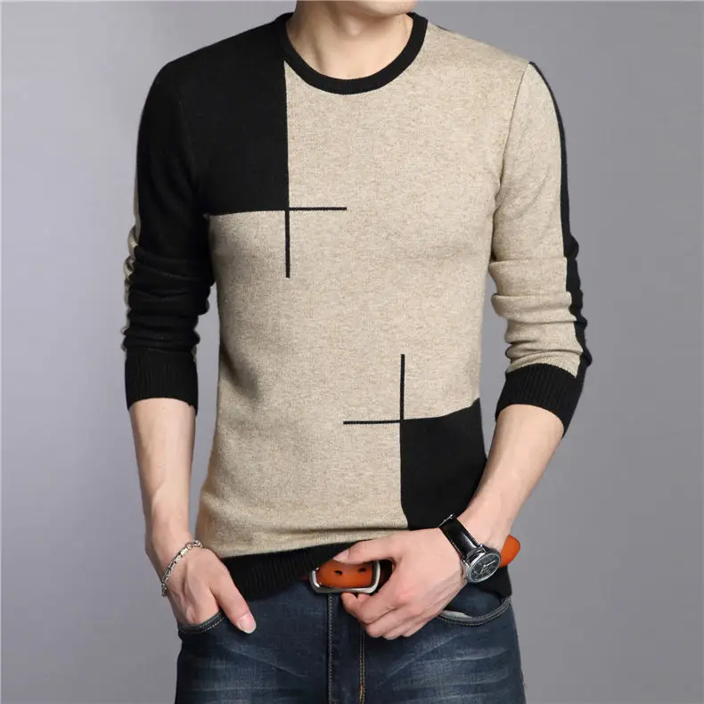 

2021 Spring/Autumn Geometric Color Matching Warm Sweater O-neck Sweater Knitted Pullover Men Standard Korean New Fashion Top