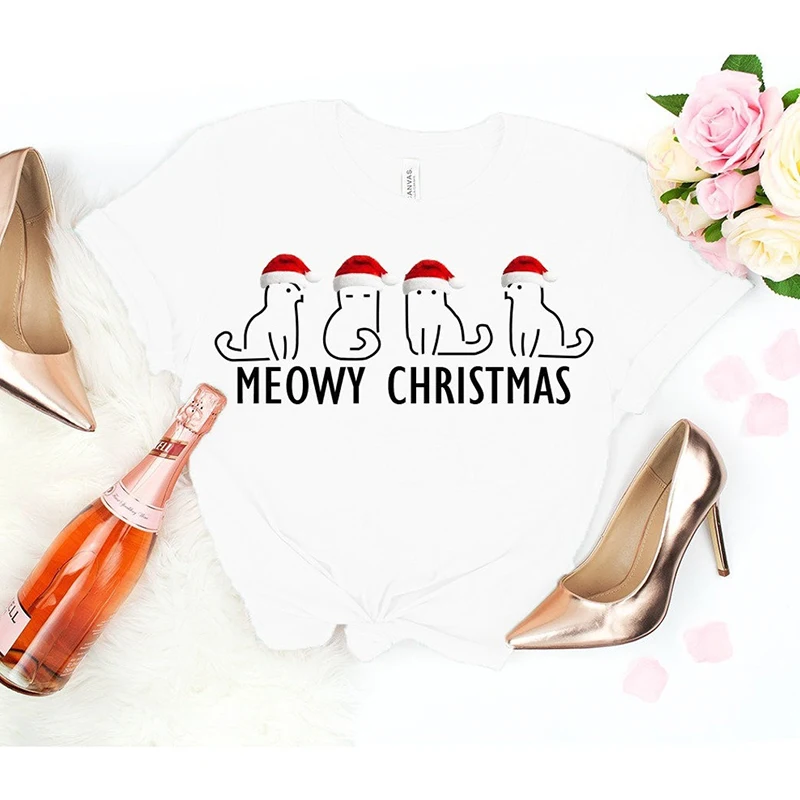 

Meowy Christmas Women T Shirts Merry Christmas Kawaii Kitty Pet Lover White Tops O Neck Ladies Clothes Cute Tshirt Dropshipping