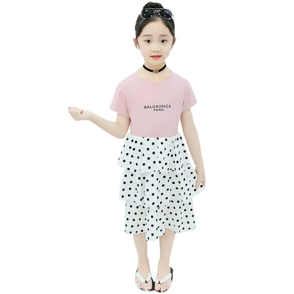 

Summer Casual Dress Girls Ploka Dots Layered Home School Wear Chikldren Short Sleeve Pink Black Clothes Princess Girl Vestido