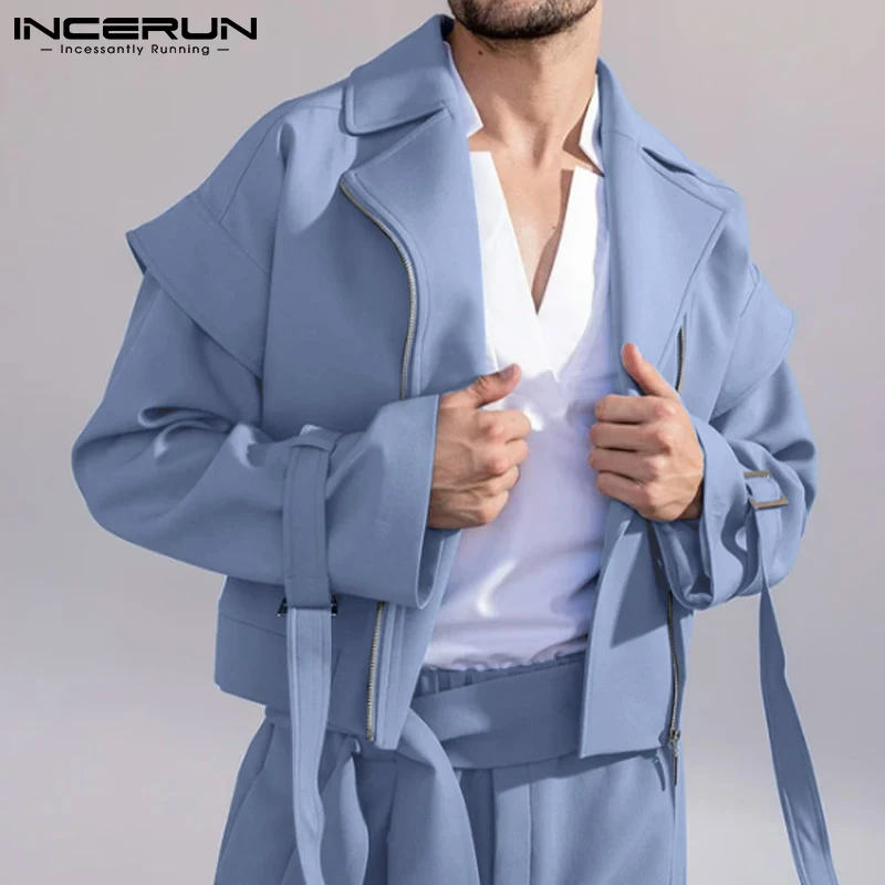 

Fashion Men Jackets Lapel Long Sleeve Zipper Personality 2022 Crop Coats Men Solid Streetwear Casual Irregular Outerwear INCERUN