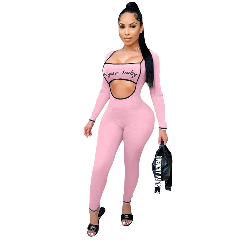 

Bandage Women Sexy Jumpsuits Letter Print Jumpsuit Hollow Out Long Sleeve Skinny Romper Fashion Casual Tracksuit Monos Mujer